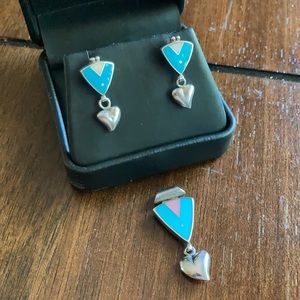 Turquoise and silver heart necklace and earrings
